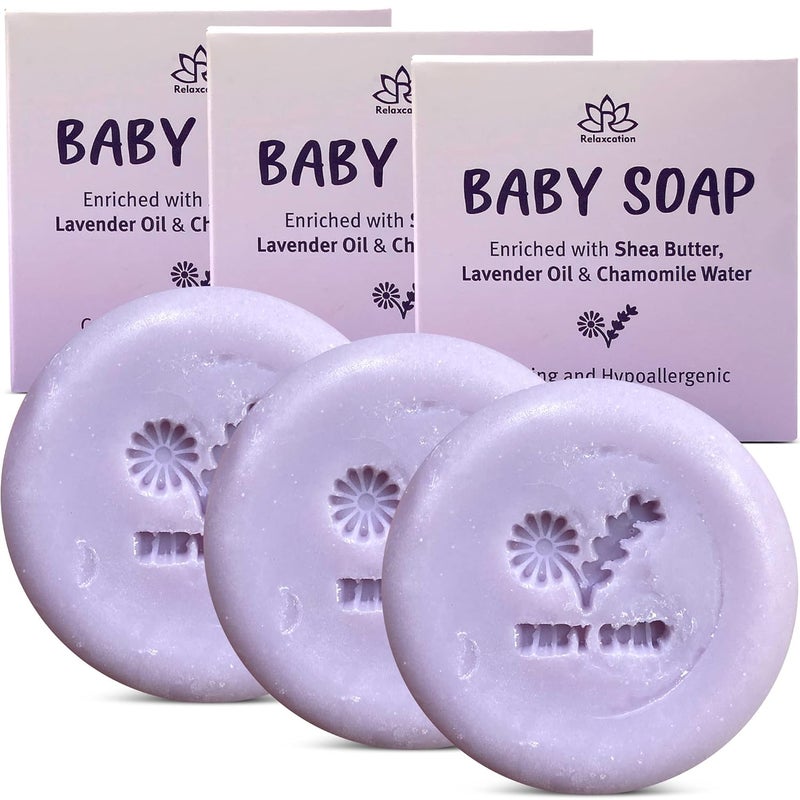 Relaxcation Baby Soap Bar with Lavender Essential Oils, Organic Chamomile Water and Moisturizing Shea Butter - Naturally Cold Process in USA - Gift For Newborns, Baby, Kids (3-pack) - Image 1